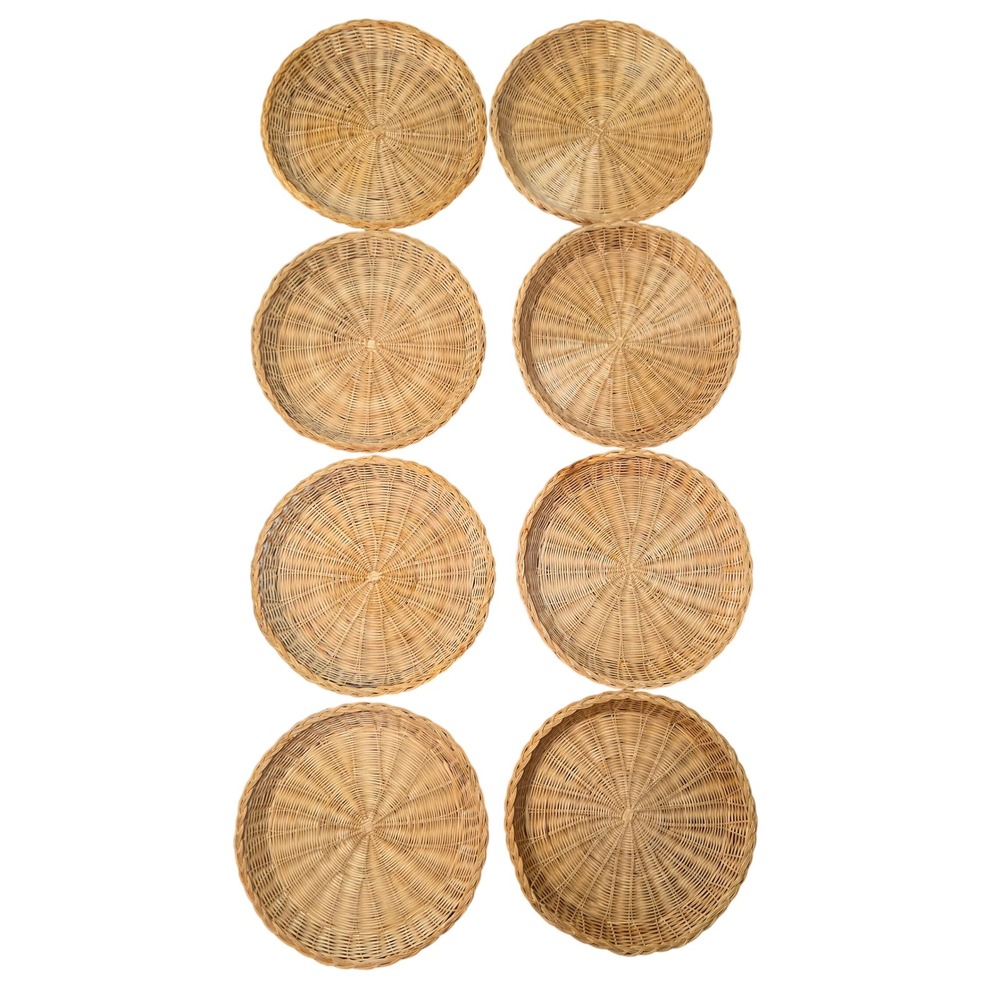 Vintage Woven Wicker Paper Plate Holders Set of 8 Round Tan 9.5 Inch Picnic BBQ